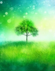 Fototapeta premium 美しい草原と木の風景画（緑）