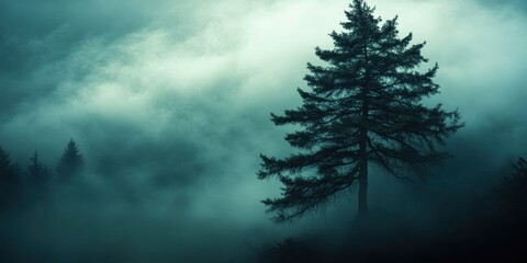 Obraz premium Moody Misty Forest with Silhouette Evergreen Trees.