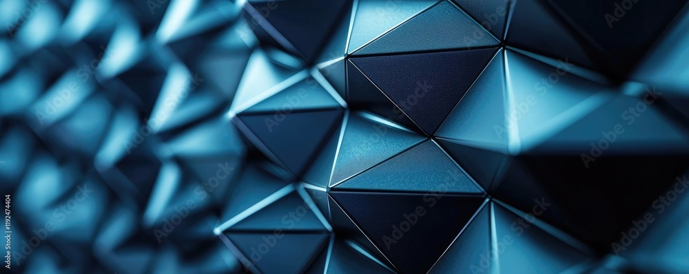 Poster Studio absorber concept. Close-up of a geometric pattern with a blue metallic texture and multifaceted shapes.