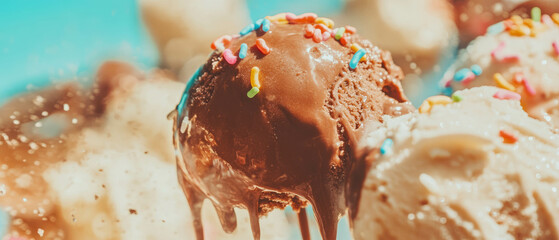 Melting chocolate ice cream drizzled with colorful sprinkles on a sunny day