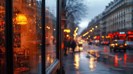 Fototapeta premium Rainy Evening in Paris Cozy Cafe Interior Reflecting on Wet Streets with Blurred City Lights.