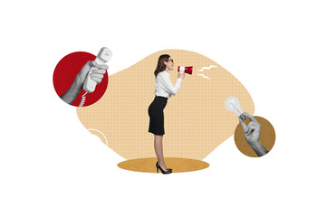 Collage artwork of bossy lady screaming vintage phone giving new startup ideas isolated beige color...