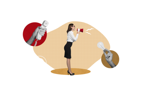 Collage artwork of bossy lady screaming vintage phone giving new startup ideas isolated beige color background