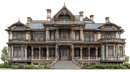 Fototapeta premium Grand Victorian Mansion with Extensive Porches and Balconies, Isolated on White Background.