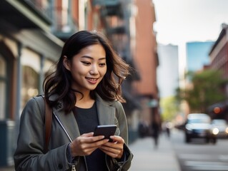 Asian young woman using smartphone in city street