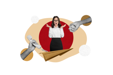 Photo collage picture of impressed overworked lady getting many working calls isolated creative background