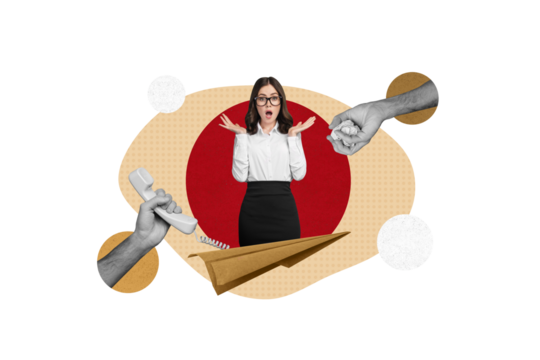 Photo collage picture of impressed overworked lady getting many working calls isolated creative background - Powered by Adobe