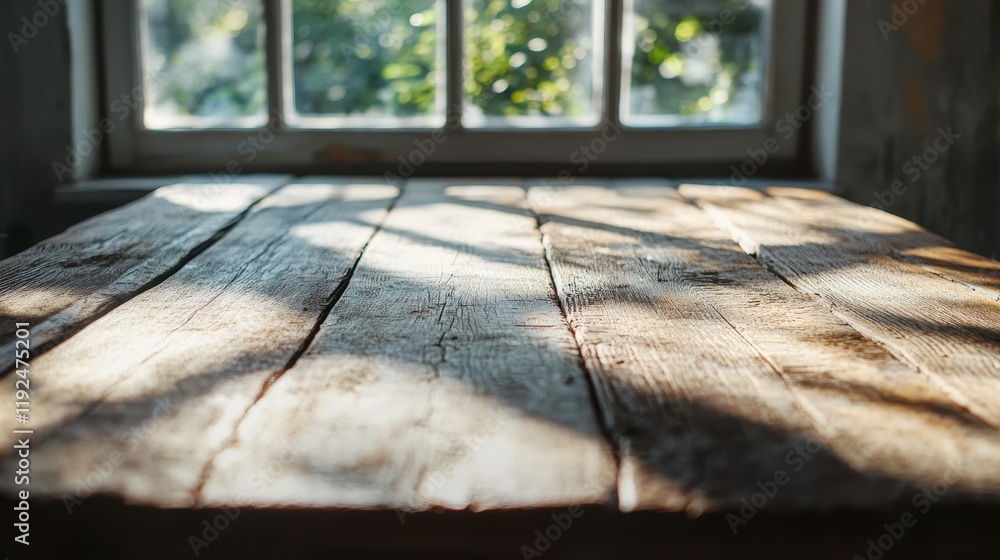 Aufkleber rustic wooden tabletop with sunlight and window view background.