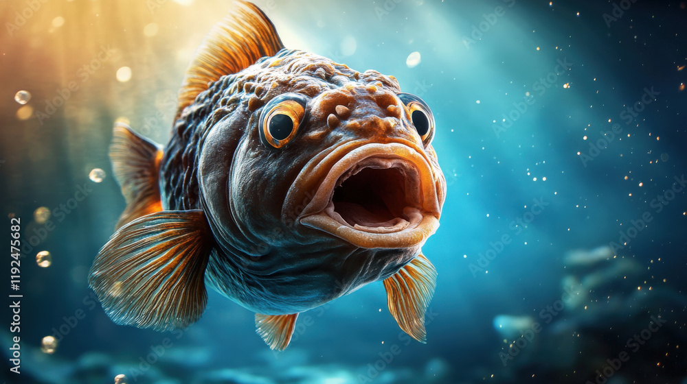 Poster vibrant underwater scene featuring detailed fish with open mouth, showcasing its colorful scales and