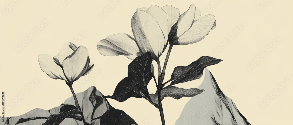 Poster elegant minimalist line drawings of flowers and leaves with simple shapes and clean design