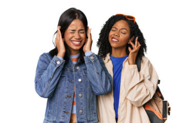 Latin friends ready for vacation covering ears with hands.