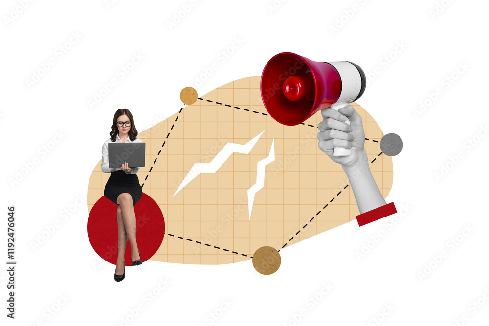 Poster creative collage picture of elegant mini girl use netbook huge arm hold loudspeaker toa isolated on 
