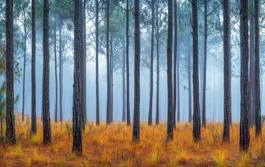 Obraz premium Misty Pine Forest with Golden Grass and Foggy Atmosphere.