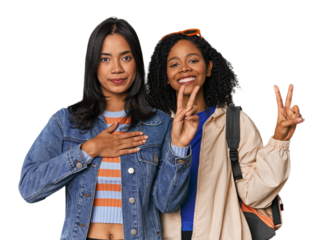 Latin friends ready for vacation taking an oath, putting hand on chest.
