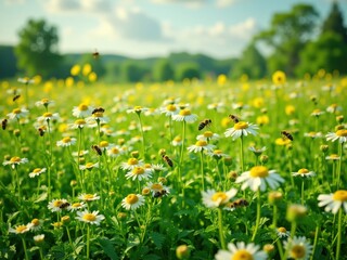 Fototapeta premium Honeybees Pollinating Daisies in a Field