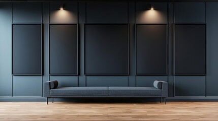 Fototapeta premium Studio absorber concept. Modern minimalist interior with sleek black wall and stylish sofa for contemporary living.
