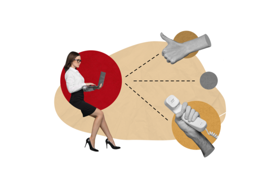 Collage of mini corporate elegant girl use netbook big black white colors arms demonstrate thumb up hold handset phone isolated on beige background