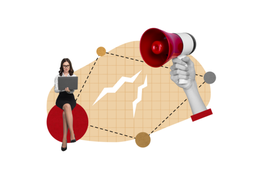 Creative collage picture of elegant mini girl use netbook huge arm hold loudspeaker toa isolated on drawing beige background