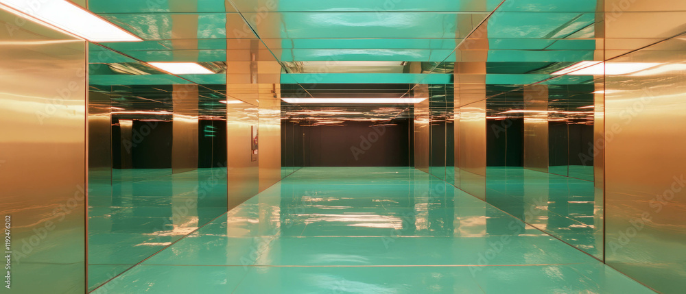 Poster Mirrored ceiling and floor creating an infinite reflection effect in a modern interior space