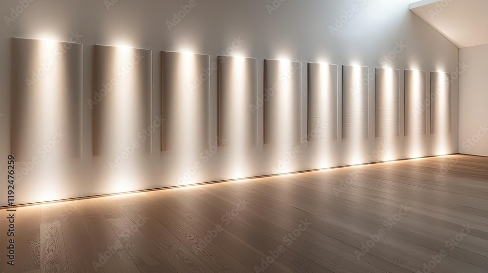 Poster studio absorber concept. modern interior with unique lighting design on a minimalist wall in spaciou