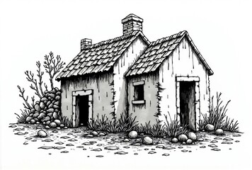 Ink Drawing of a Dilapidated Two-Section Building