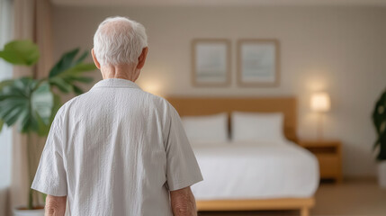 Elderly man standing in cozy bedroom, looking at neatly made bed