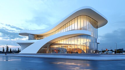 Naklejka premium Modern, Curvilinear Glass and White Building at Dusk.