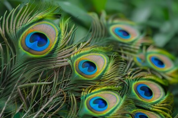 Obraz premium Close up of peacock feathers, highlighting their vibrant and iridescent colors and intricate patterns