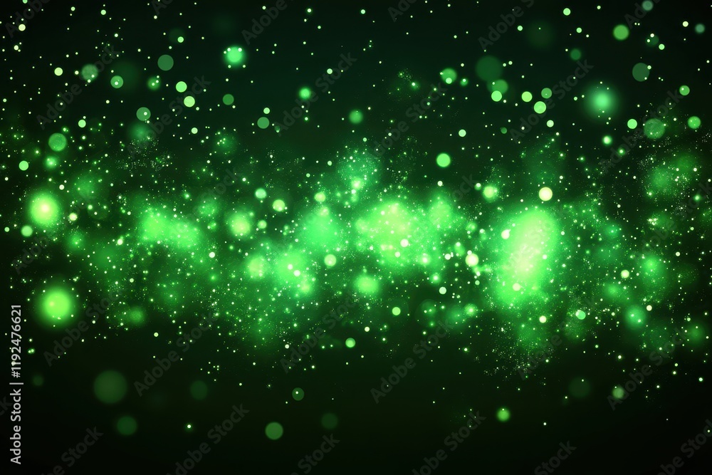 Poster abstract green bokeh glitter sparkles background, glowing particle effect