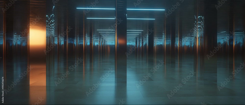 Poster mirrored panels create seamless reflections in an expansive, contemporary space