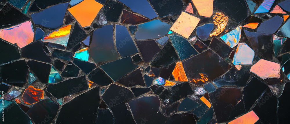 Poster Vibrant display of mirrored mosaics reflecting colorful artwork and bright patterns