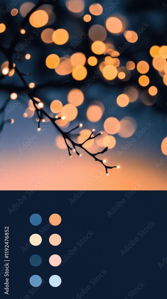 Poster abstract bokeh lights with tree branch and color palette warm glowing orbs on a dark background.