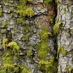 Natural Gray Old Tree Bark with Green Moss and Lichens, Moss on Bark Texture Background