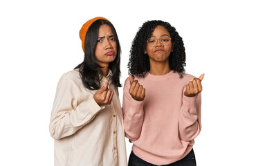 Young Latin friends together in studio showing that she has no money.