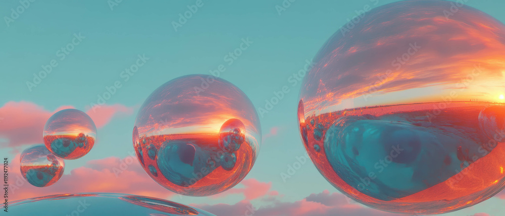 Poster Mirrored spheres create a surreal world with vibrant distorted reflections at sunset