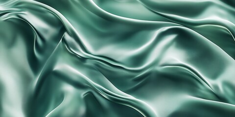 Obraz premium Abstract Green Satin Fabric Texture with Dynamic Folds and Shimmering Surface, Smooth Textile Background.