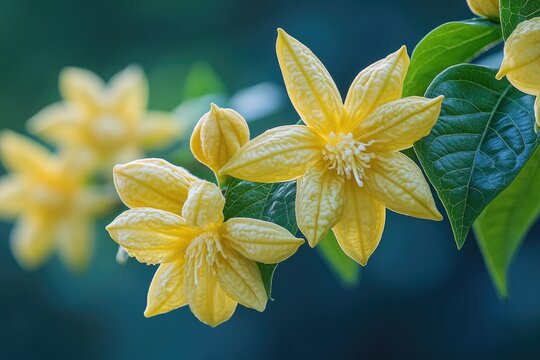 Close-up shot of bright yellow flowers with green leaves