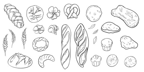 Assorted bread and baked goods hand drawn black and white vector illustrations isolated. Baguette, croissant, rye loaf, muffins, wheat ear, and challah line art painted for culinary, bakery packaging.