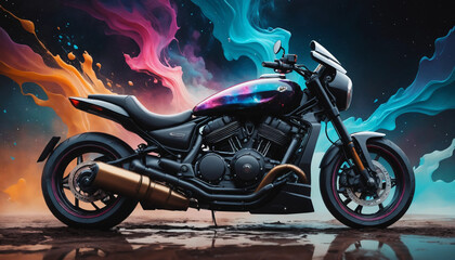 Concept Moto V&eacute;hicule Film Color&eacute; Futuriste Photor&eacute;aliste dans un Univers Abstrait &Eacute;th&eacute;r&eacute; avec Art Fluide 3D et Ciel Nocturne Cosmique.