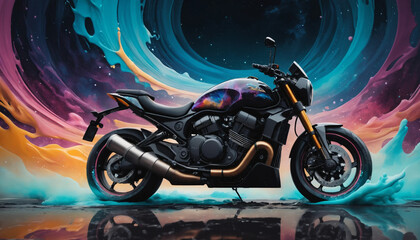 Concept Moto Véhicule Film Coloré Futuriste Photoréaliste dans un Univers Abstrait Éthéré avec Art Fluide 3D et Ciel Nocturne Cosmique.