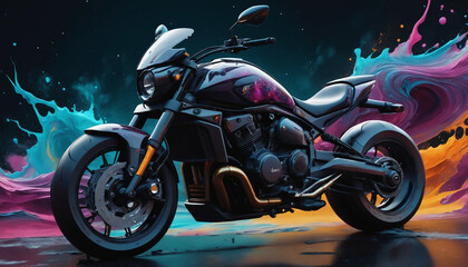 Concept Moto V&eacute;hicule Film Color&eacute; Futuriste Photor&eacute;aliste dans un Univers Abstrait &Eacute;th&eacute;r&eacute; avec Art Fluide 3D et Ciel Nocturne Cosmique.
