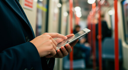 Man using phone on train, commuting and travel with digital technology for online connection, urban transport, communication or social media