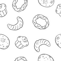 Assorted buns and bread rings black white vector seamless pattern isolated . Brioche, simit, croissant and bagel hand drawn monochrome linear sketch. Buns on repeated texture for packaging, textile.