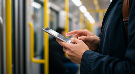 Man using phone on train, commuting and travel with digital technology for online connection, urban transport, communication or social media