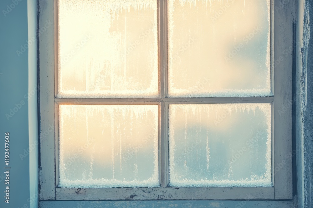 Poster frosted window with ice crystal patterns on a cold winter day.