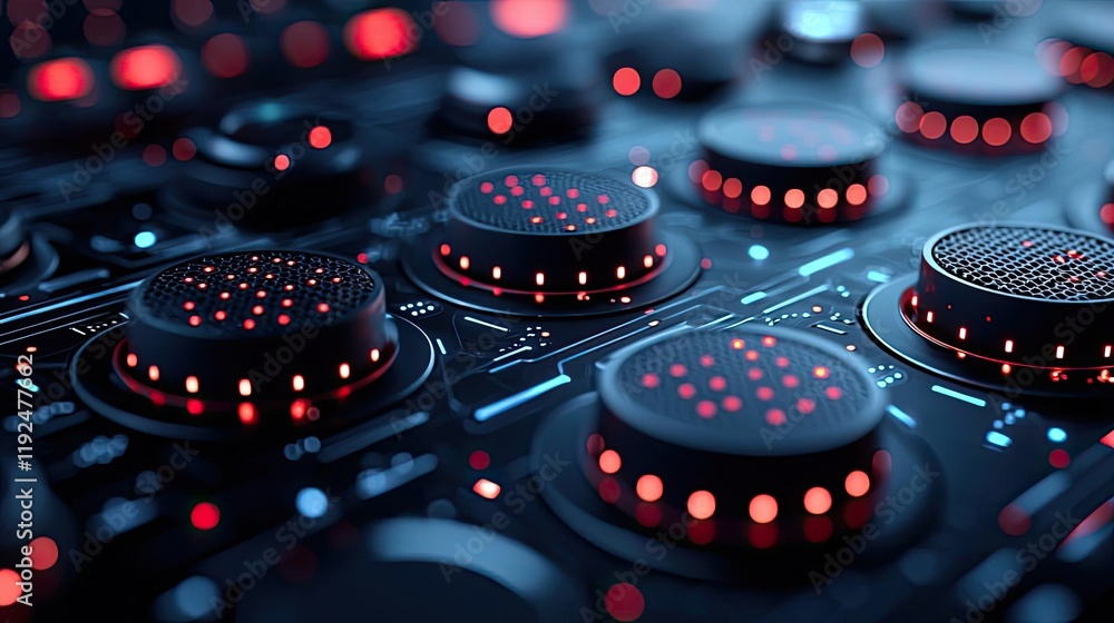 Poster Studio absorber concept. Close-up of a digital control panel with illuminated buttons and intricate designs.