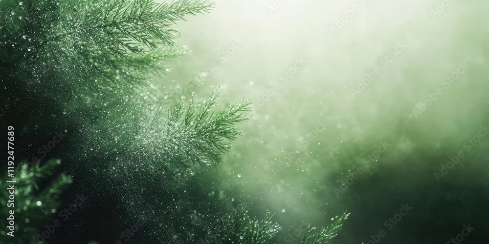 Poster emerald green pine sprigs with sparkling dewdrops and soft bokeh effect