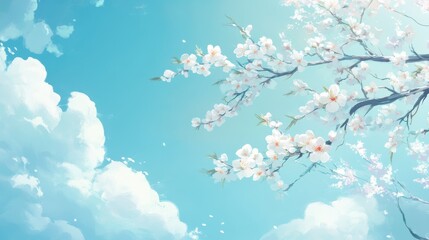 Blooming Cherry Blossom Tree Branches Against a Bright Blue Sky with Soft White Clouds, Artistic Digital Painting.