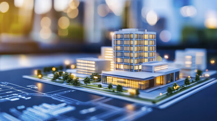 detailed architectural model showcasing modern business complex with illuminated buildings and surrounding greenery, reflecting innovation and