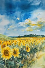 Fototapeta premium Vibrant Watercolor Painting of a Sunflowers Field Under a Blue Sky - Summer Landscape Art
